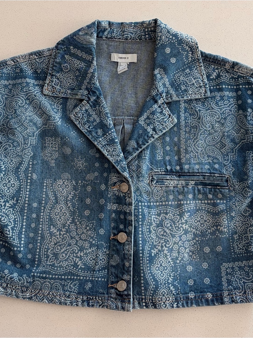 Forever 21 Blue Paisley-Print Cropped Denim Jacket